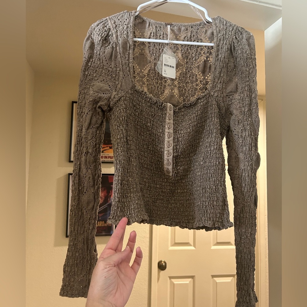 NWT Free People M smocked Confection Long Sleeve Top Lace Mushroom color - Picture 2 of 7